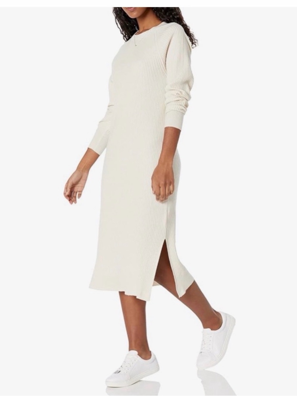 Long-Sleeve Cream Ribbed Midi Dress with Side Slit